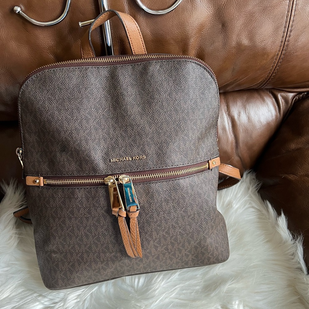 Michael Kors Brown Backpack with Monogram Print and Leather Trim